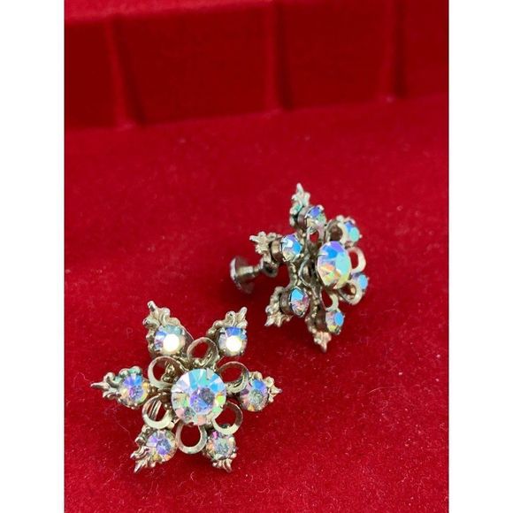 Vintage Antique Earrings Aurora Borealis Clear Snowflake Screw Clasp 1" 1639 - Picture 5 of 6